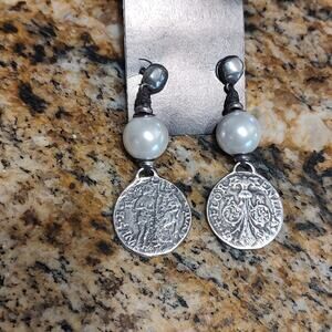 UNOde50 Alexandira Linear EarringsVintage Coin and Pearl Dangle Earrings